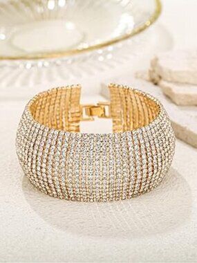 Sparkly Gold Rhinestone Bracelet Chunky Bangle Bracelet Wedding Prom Party